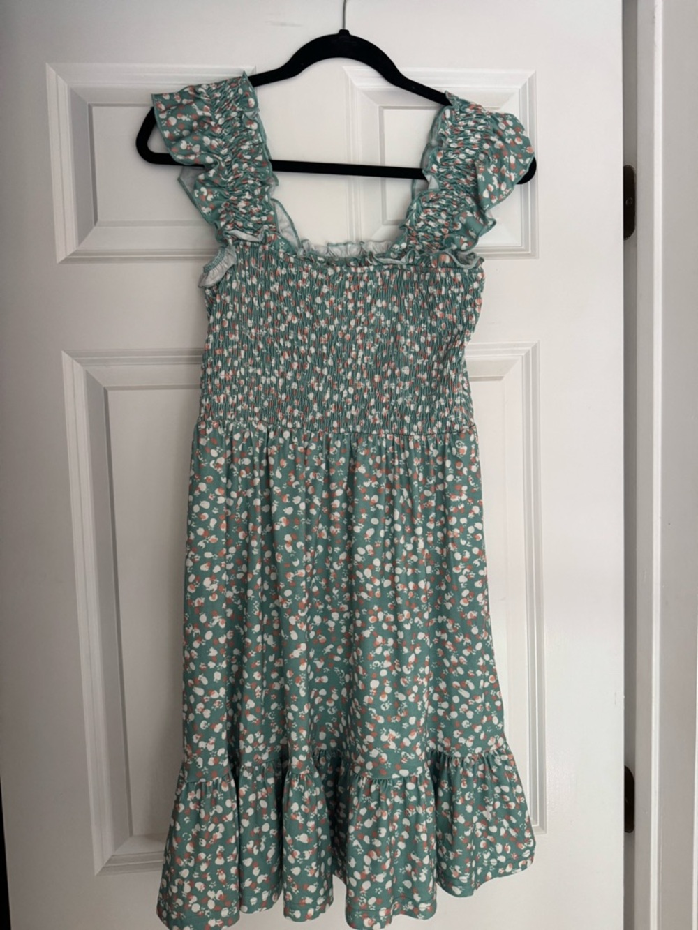 Girls Smocked Ruffle Shoulder Floral Dress - Mint Green